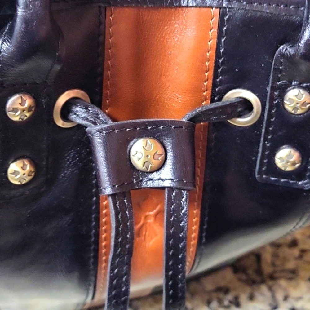 Patricia Nash Brown and Black Leather Drawstring Bucket Bag - Picture 11 of 16